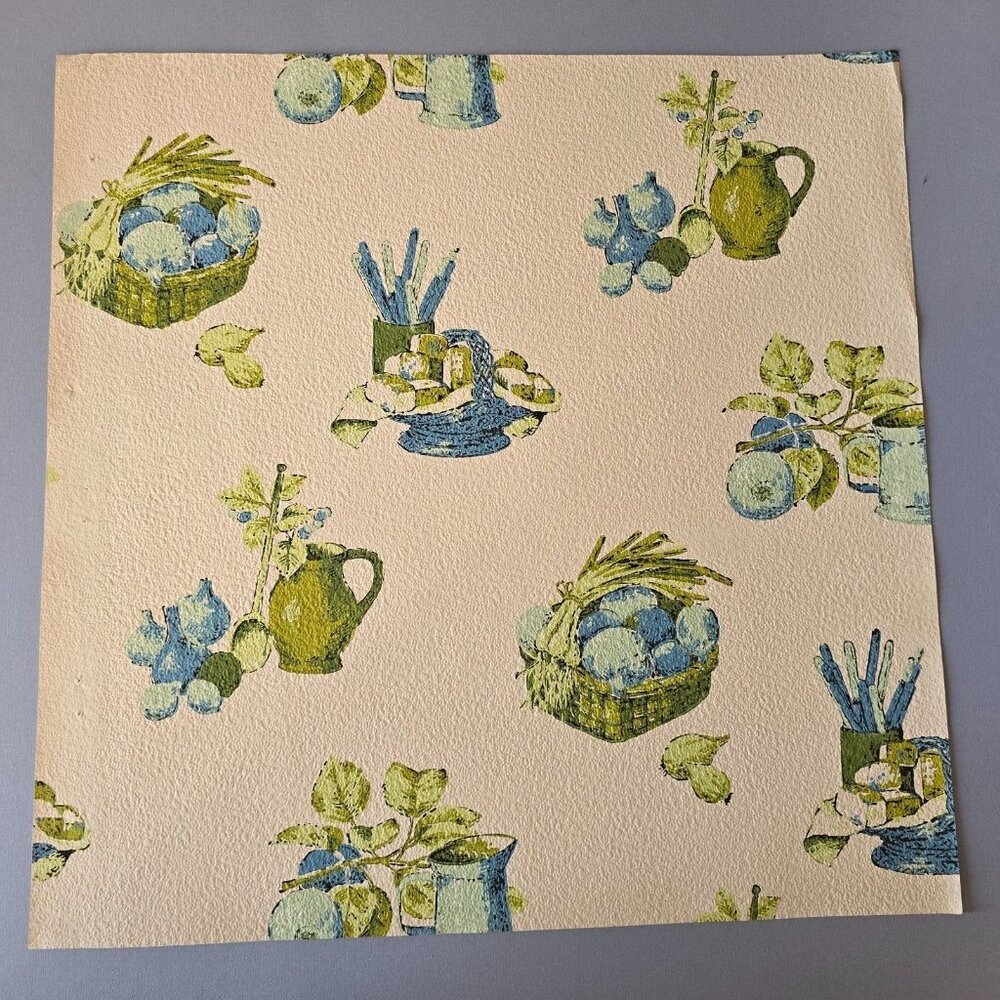 Vintage Wallpaper Sample Sheet Blue Green Rustic Farmhouse Kitchen Food Crafting
